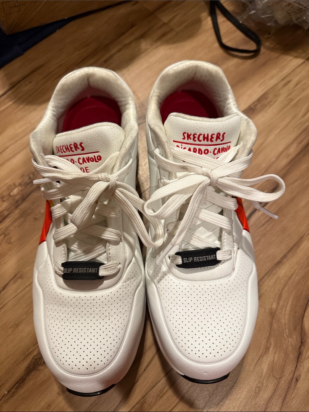 Skechers White Ricardo Cavolo Sneakers with Red Interior and Orange Side Accent
